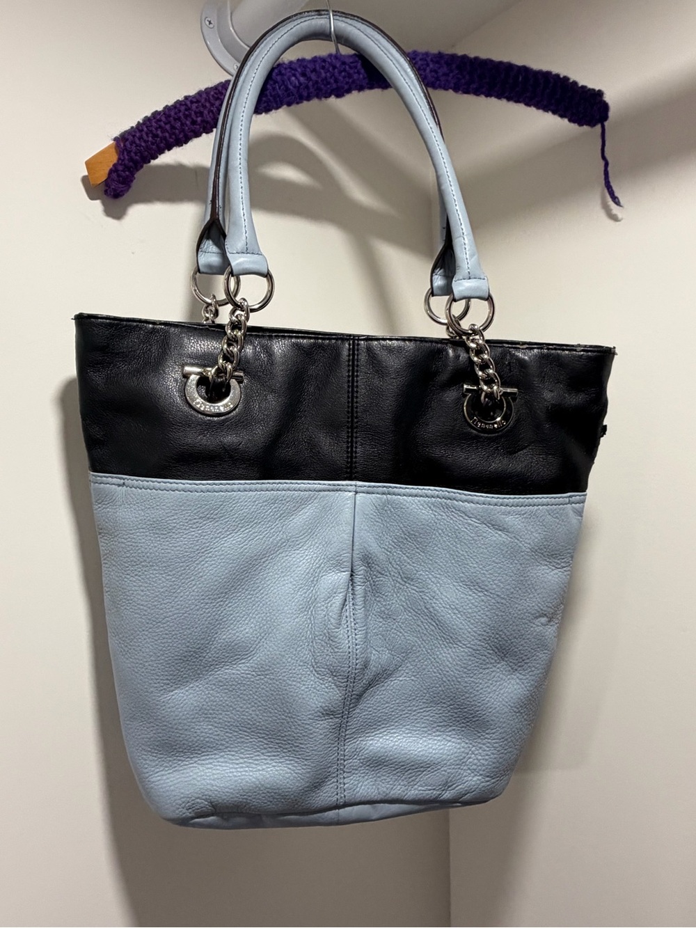 Two-Tone Black and Light Blue Women's Leather Tote